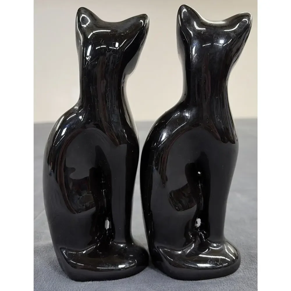 Vintage MCM Pair of Black Ceramic Cat Figurines Green Eyes Copy Cats 8.5” Chrty